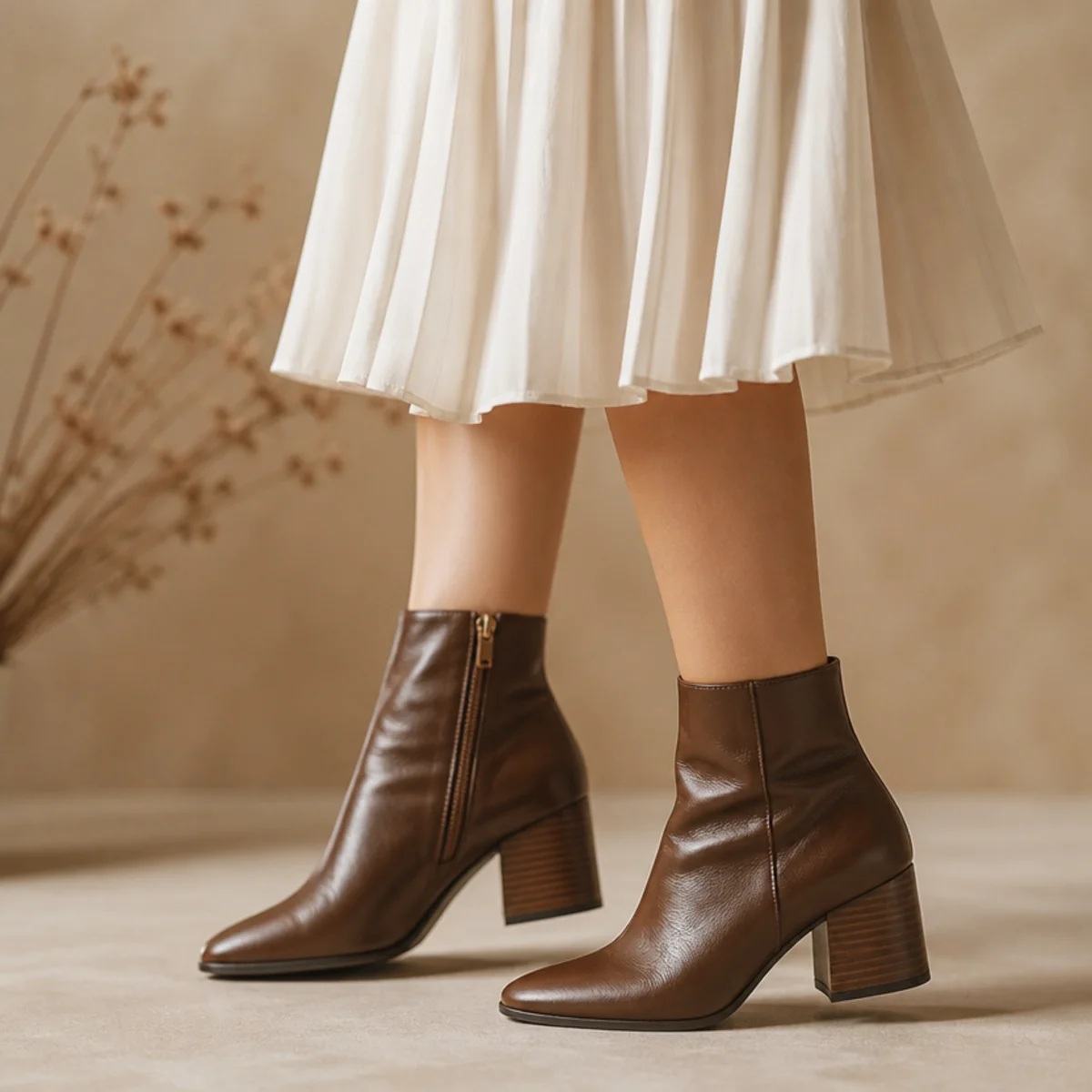 Faceless full-length shot of a white skirt with a leather jacket and ankle boots