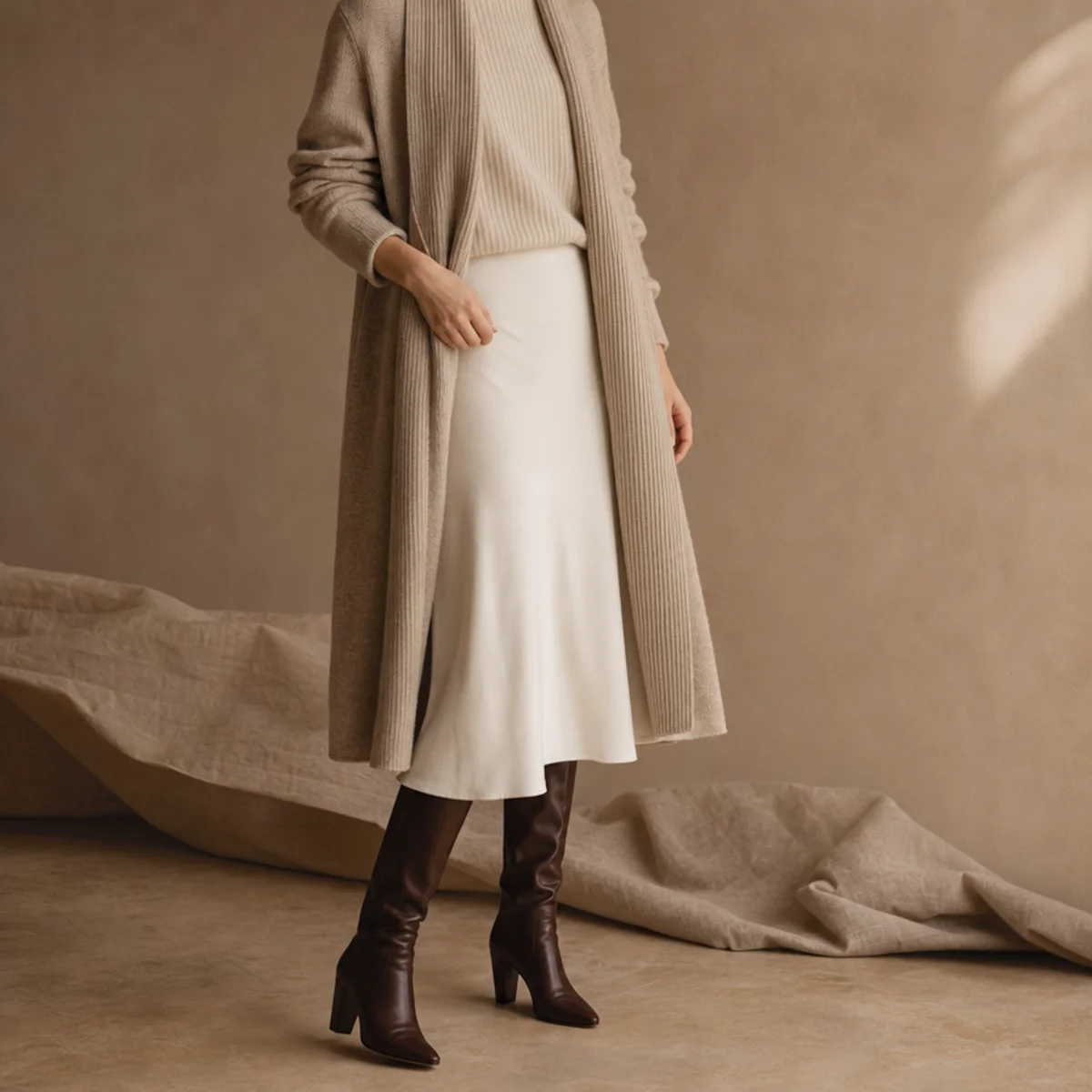 Faceless full-length shot of a white skirt with a knit, long coat and tall boots