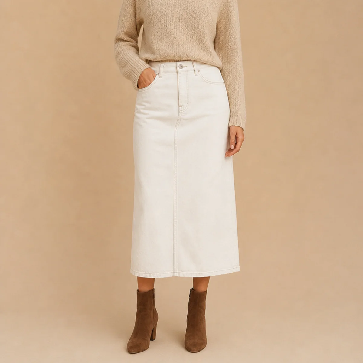 Faceless full-length shot of a white denim skirt with a knit and ankle boots