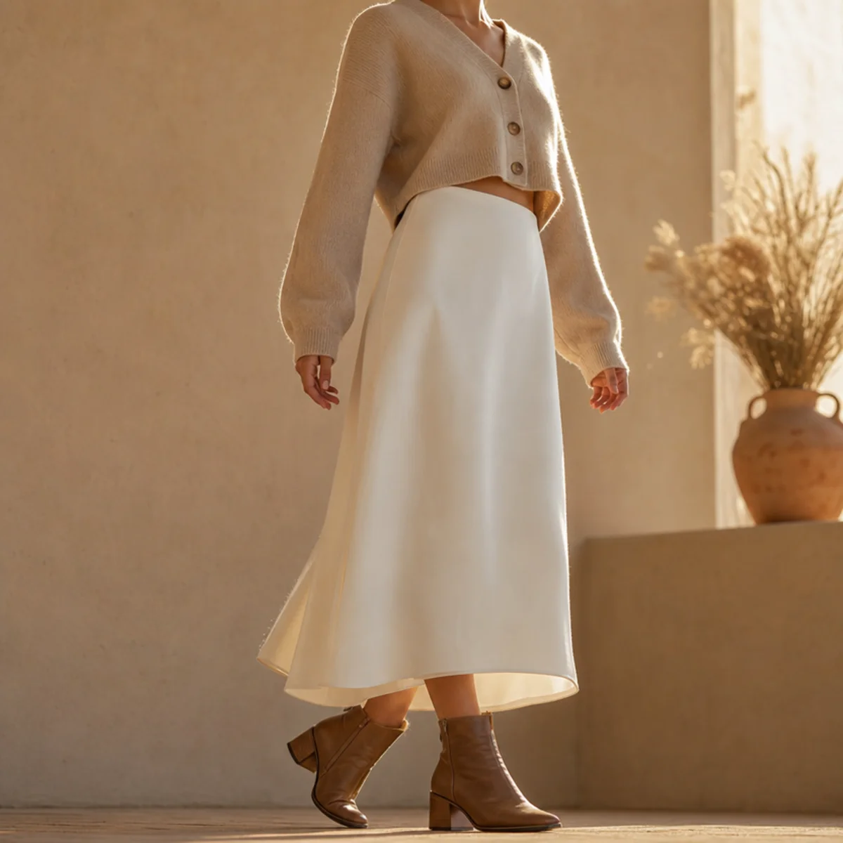 Faceless full-length shot of a white skirt with a cropped cardigan and ankle boots