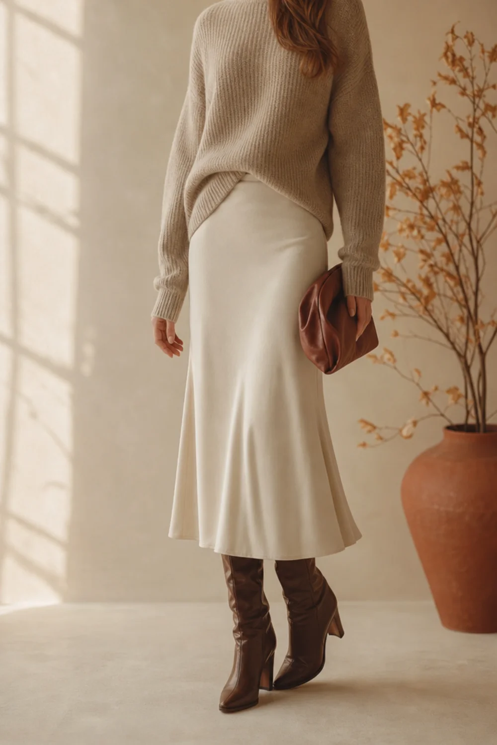 Faceless white skirt and boots outfit with a knit and tall boots