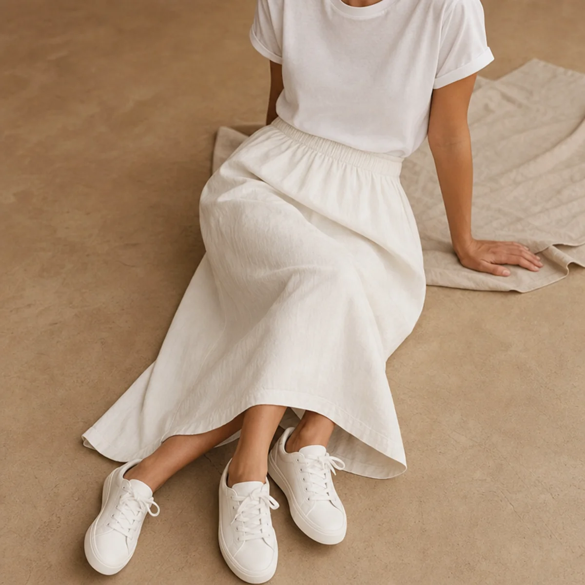 Faceless full-length shot of a white midi skirt with a tucked tee and white sneakers