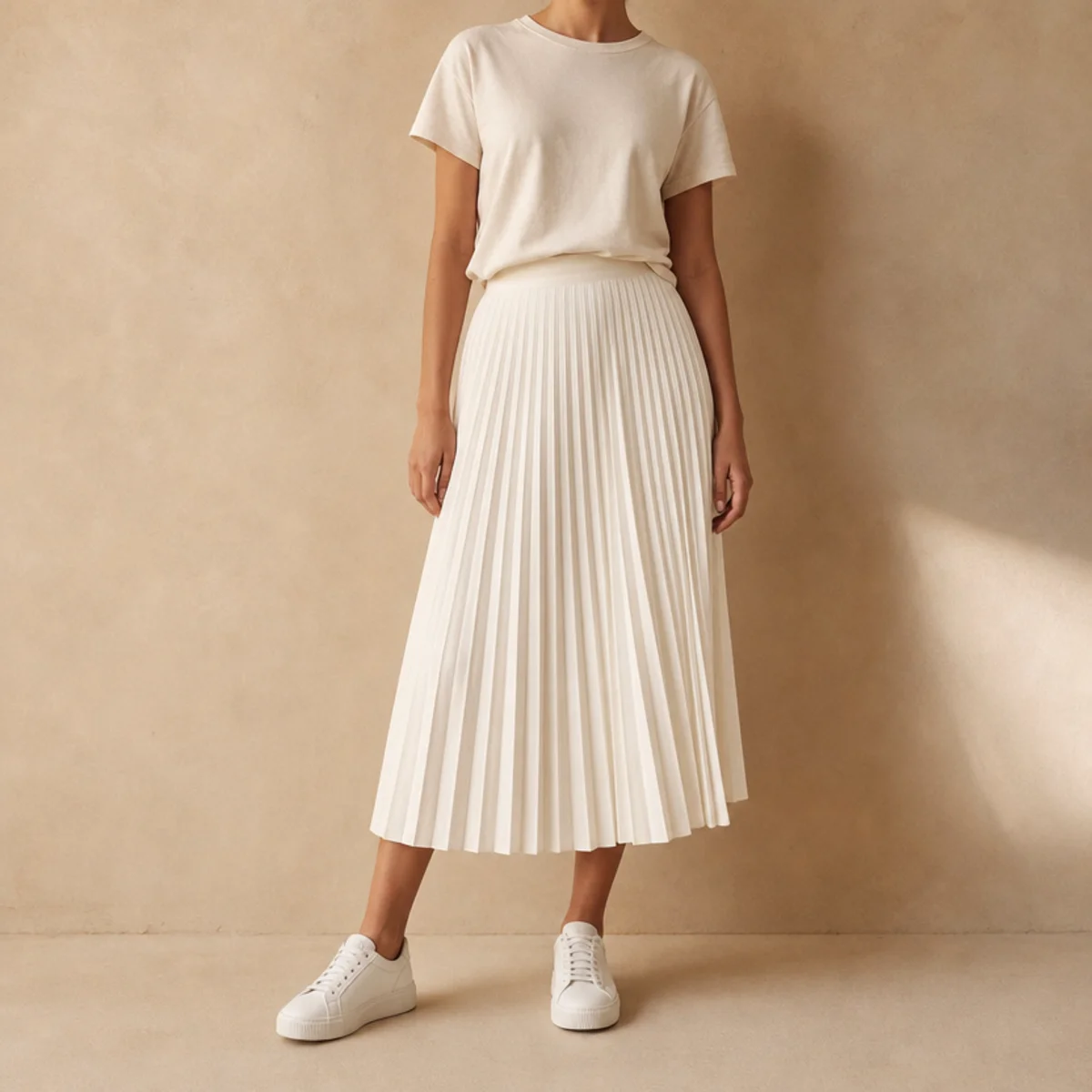 Faceless full-length shot of a white pleated skirt with a tee and sneakers