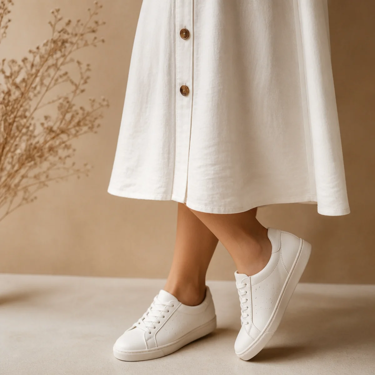 Faceless waist-up shot of a white skirt with a button-down and white sneakers