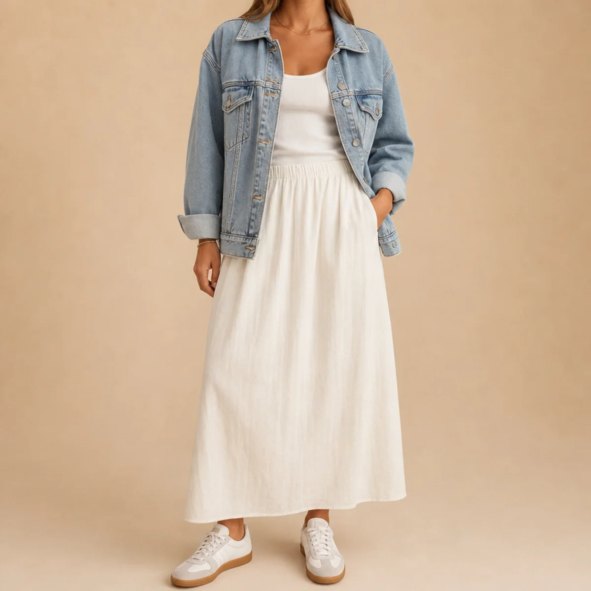 Faceless waist-up shot of a white skirt with a tank, denim jacket and sneakers
