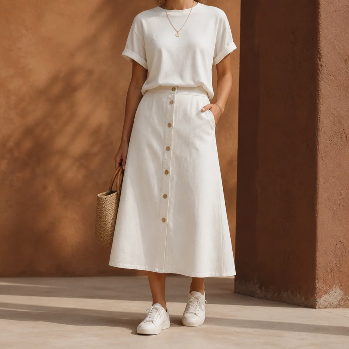 Faceless full-length editorial shot of a white midi skirt with a tee and white sneakers