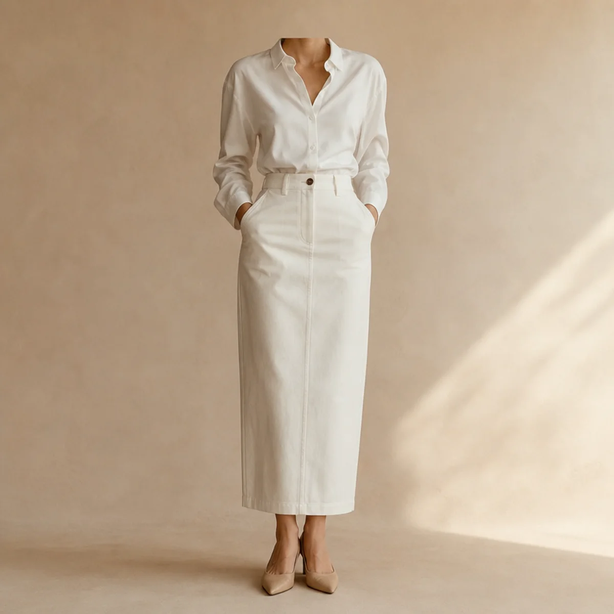 Faceless waist-up shot of a white skirt with a crisp button-down tucked in