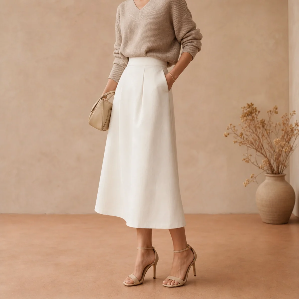 Faceless waist-up shot of a white skirt with a tucked fine knit and heels