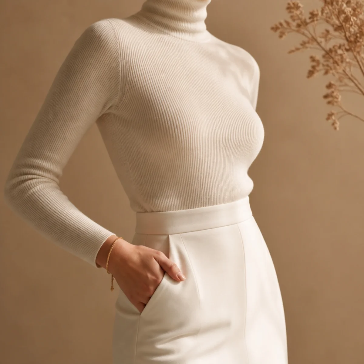 Faceless waist-up shot of a white skirt with a fitted turtleneck and heels for work