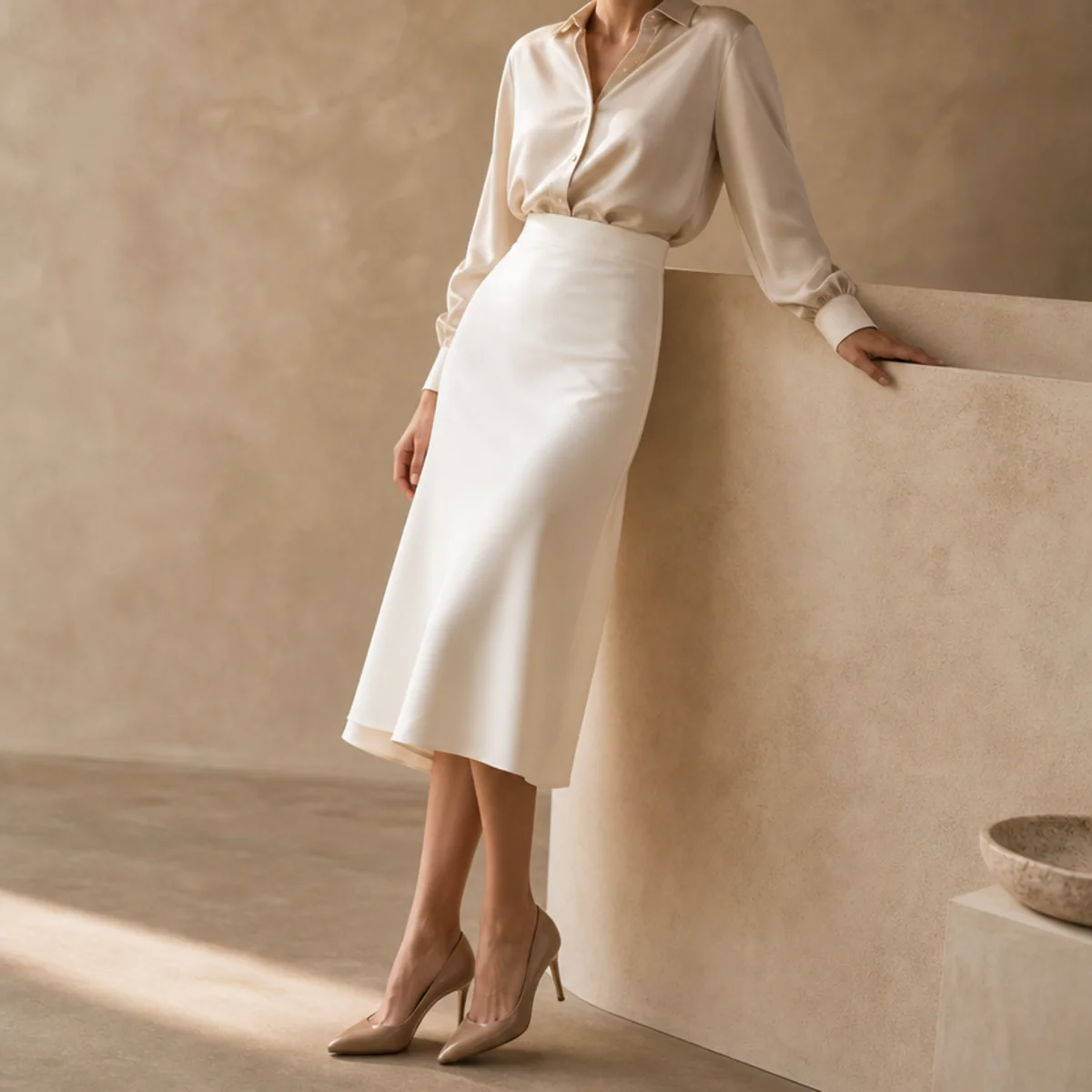Faceless waist-up shot of a white skirt with a tucked silk blouse and heels for work