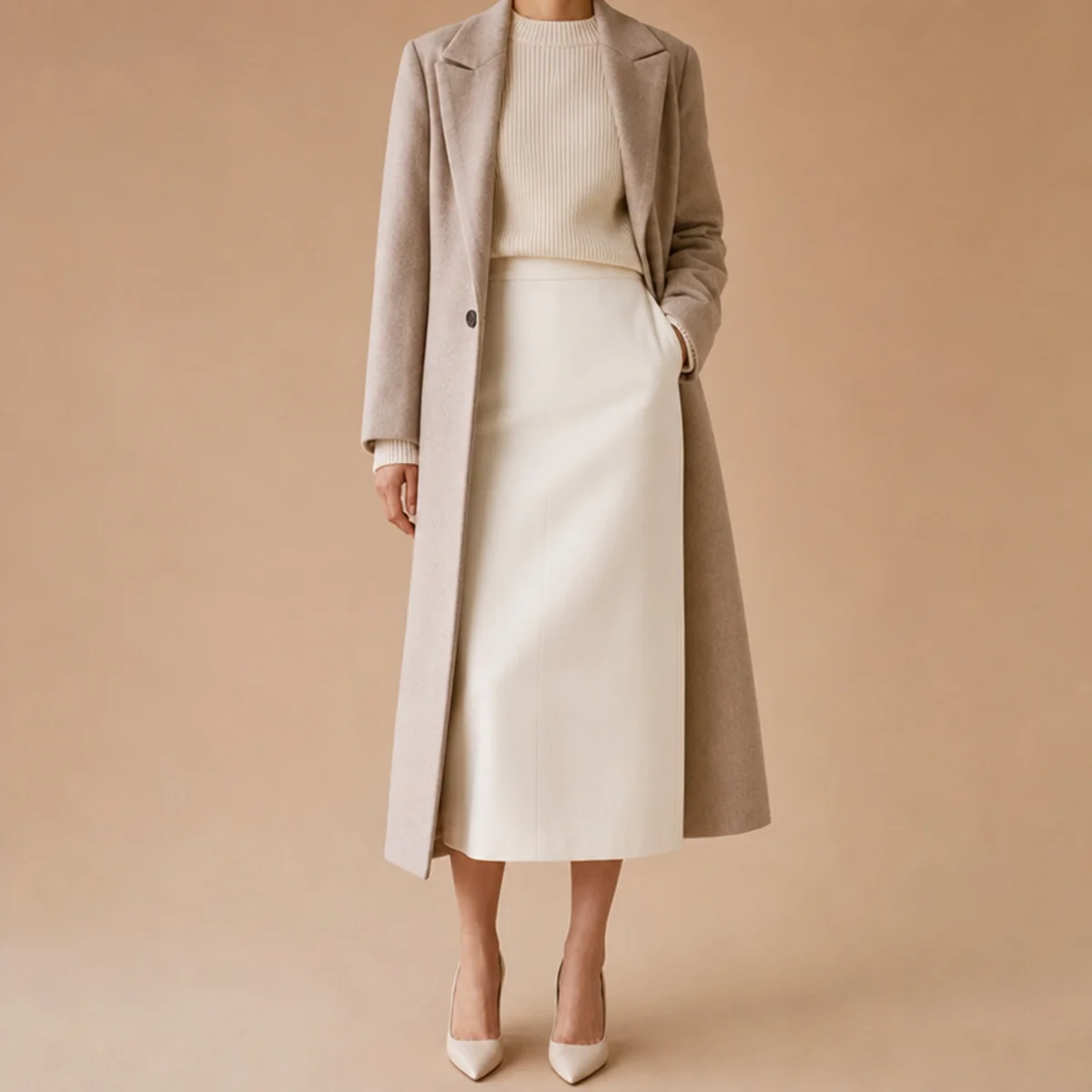 Faceless full-length shot of a white skirt with a knit and a long coat for work