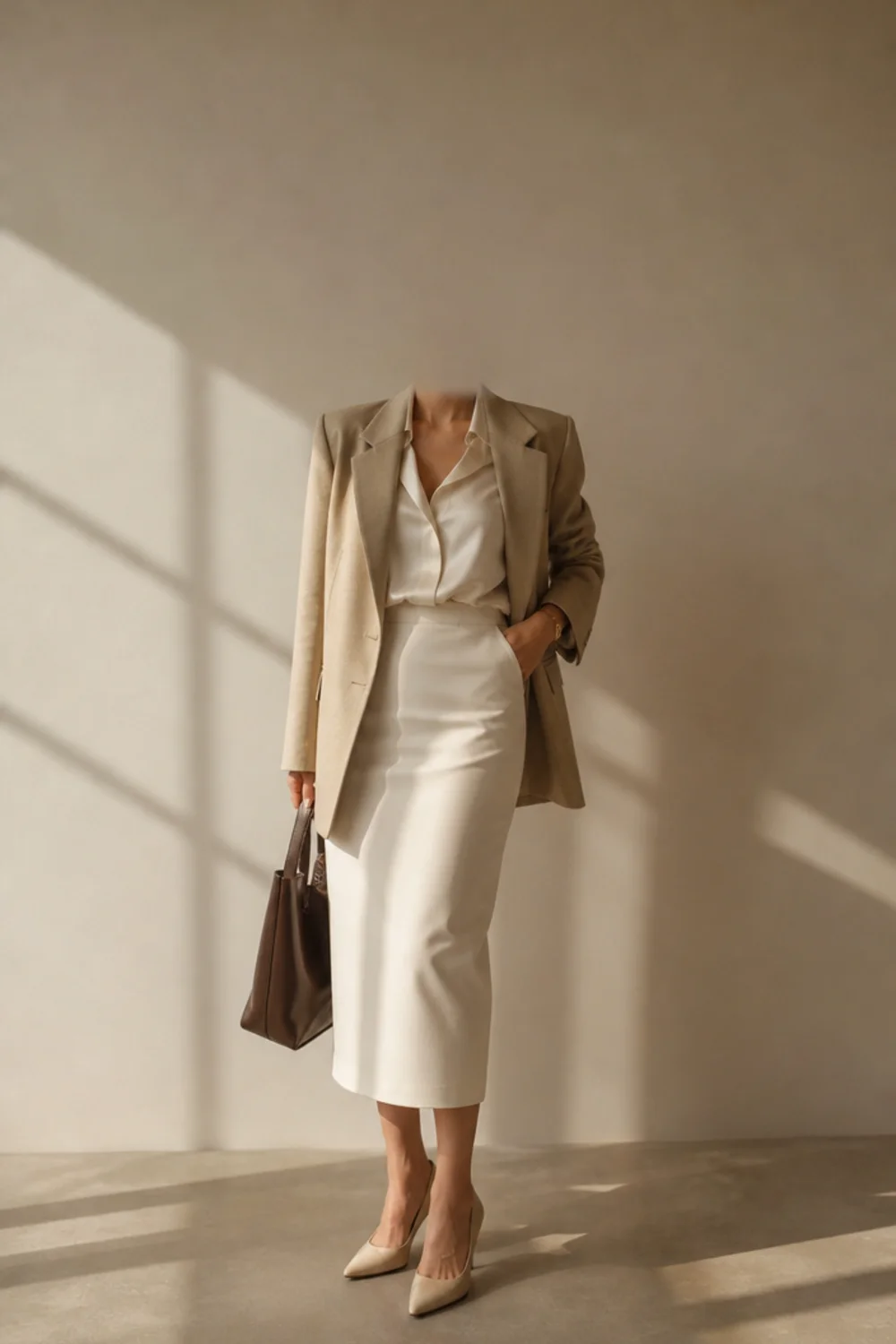 Faceless white skirt work outfit with a blazer and heels