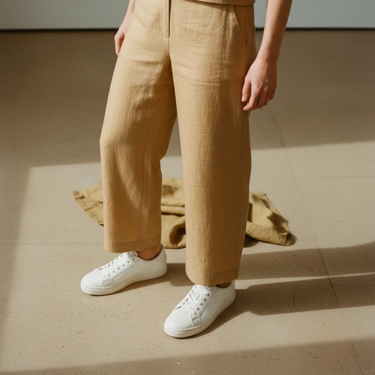 Waist-down shot of white leather trainers with matching linen wide-leg trousers and a cropped linen top in warm sand