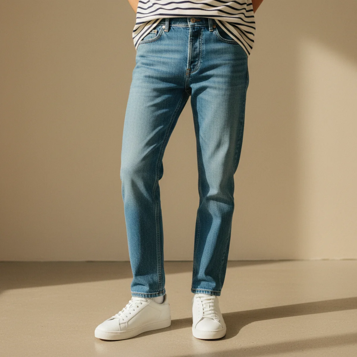 Waist-down close-up of white leather trainers with straight mid-blue denim and the hem of a navy-striped cotton tee