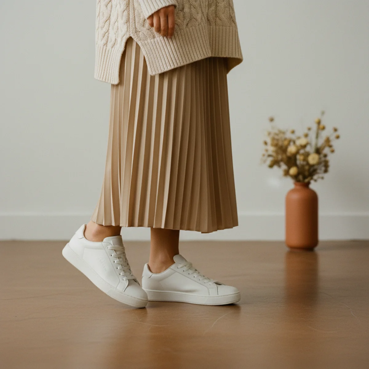 Editorial waist-down of white trainers with a flowy neutral midi skirt and the dropped hem of a cream cable-knit sweater