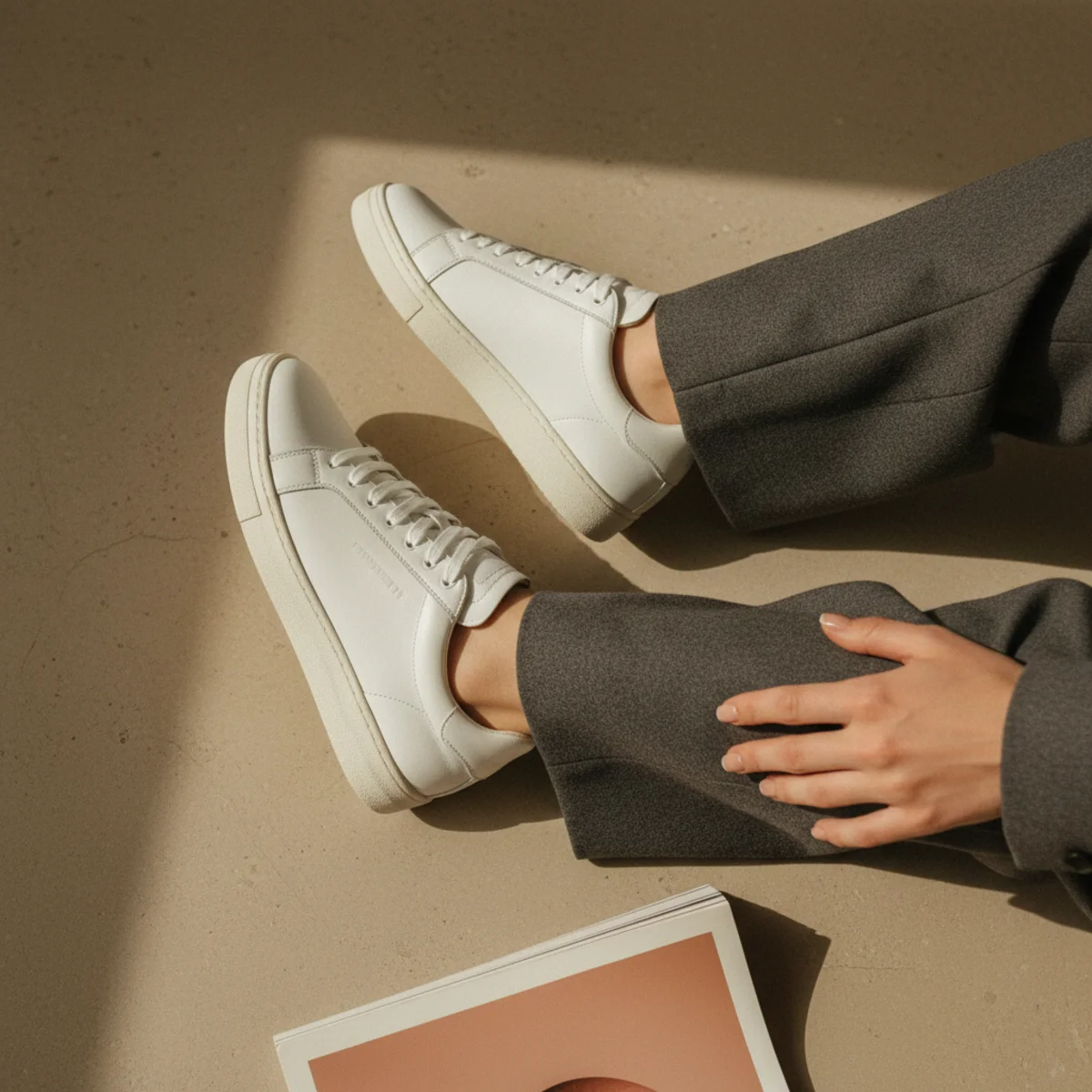Waist-down editorial of white trainers with wide-leg tailored trousers in charcoal and the hem of a matching blazer