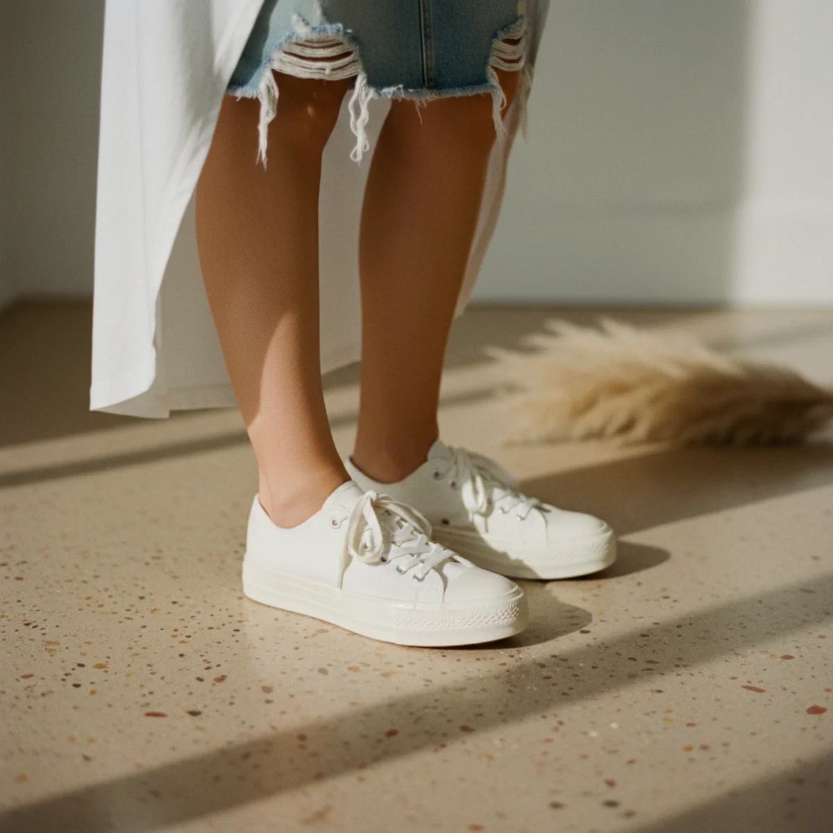 Close-up waist-down of white trainers worn with a denim mini skirt and the long hem of a white oversized tee