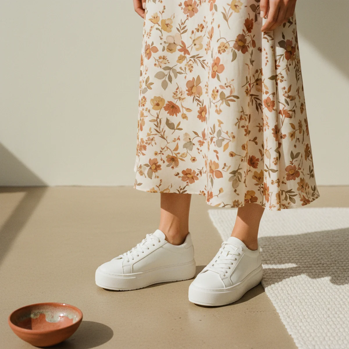 Waist-down editorial of white trainers with a floaty floral midi dress in soft warm tones