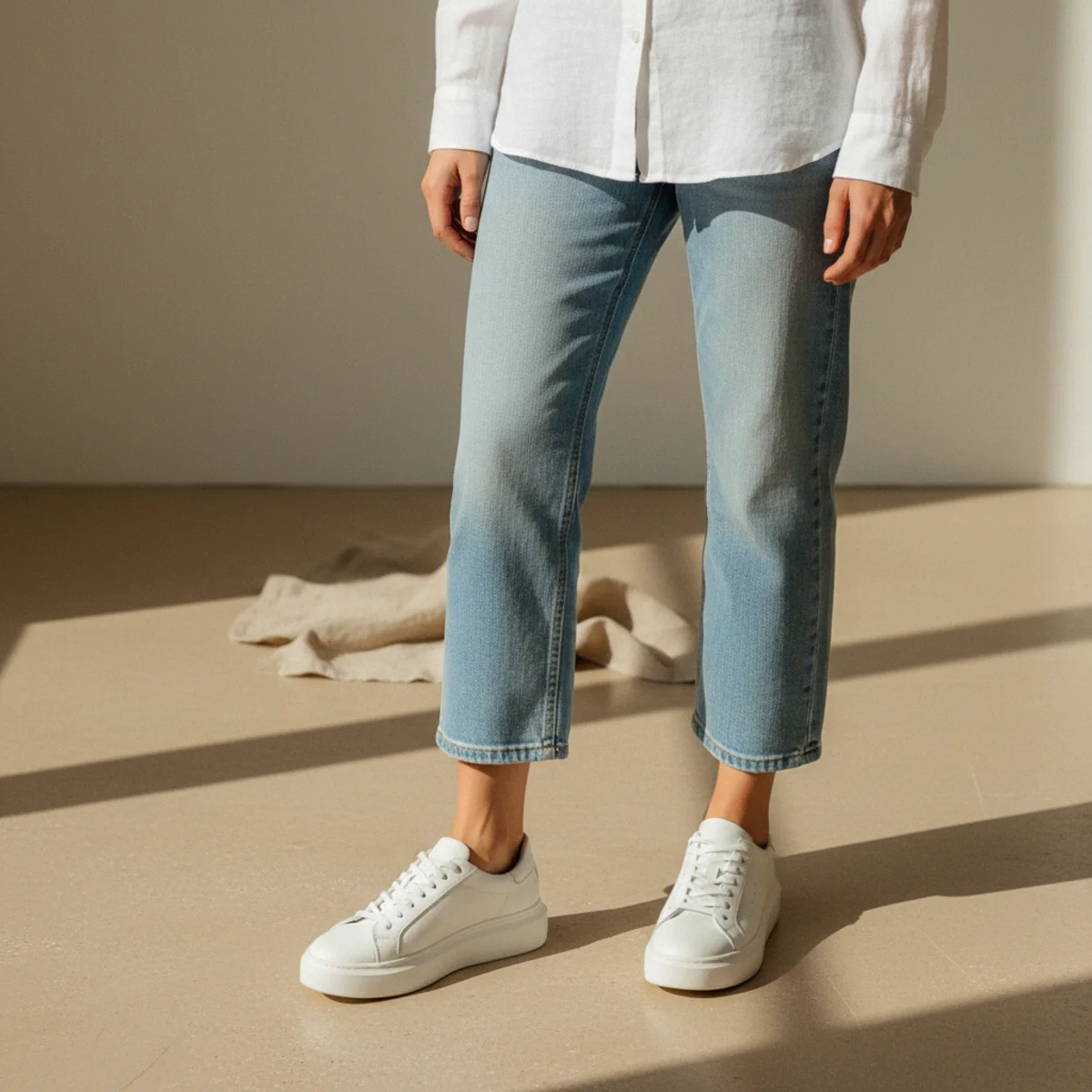 Waist-down shot of white trainers with cropped barrel-leg jeans in a light wash and a white linen shirt tucked in at the front