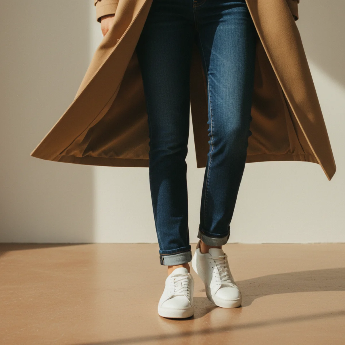 Waist-down close-up of white trainers with slim dark jeans and the swept hem of a classic camel trench coat