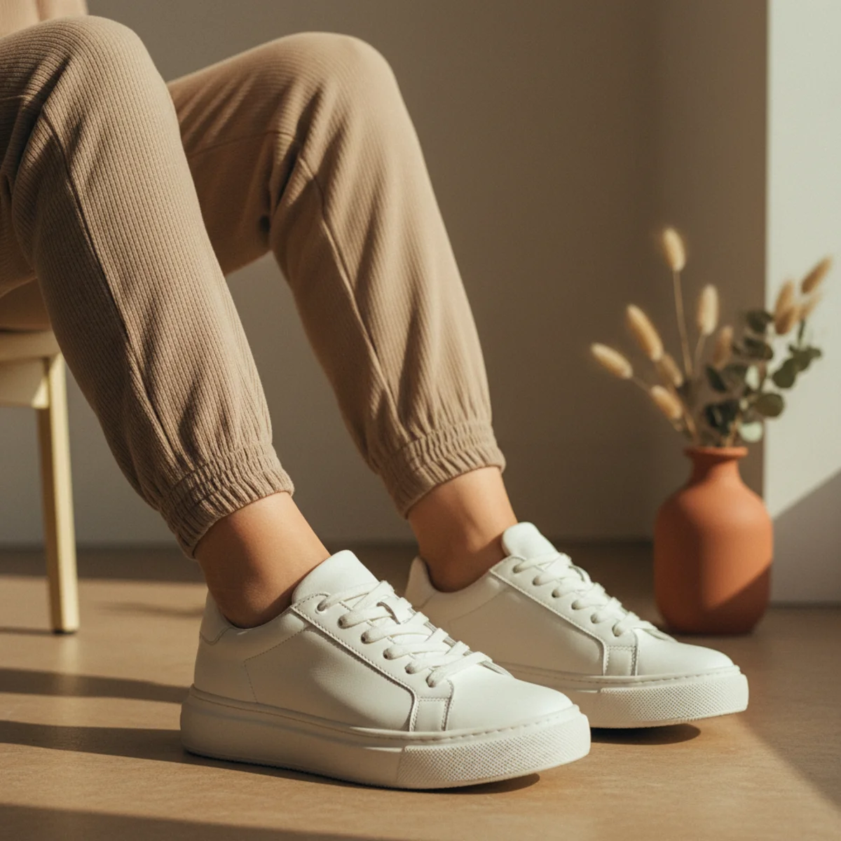 Waist-down editorial of white trainers with matching taupe ribbed joggers and a cropped sweatshirt