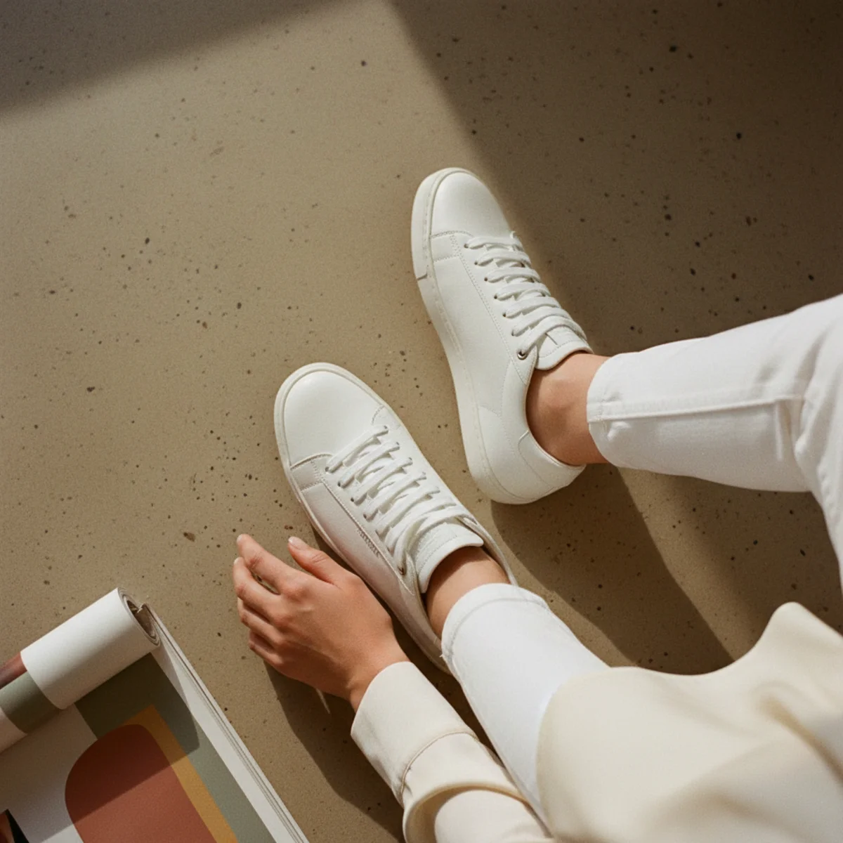 Waist-down close-up of white leather trainers with slim white jeans and the drape of a pale ivory silk blouse