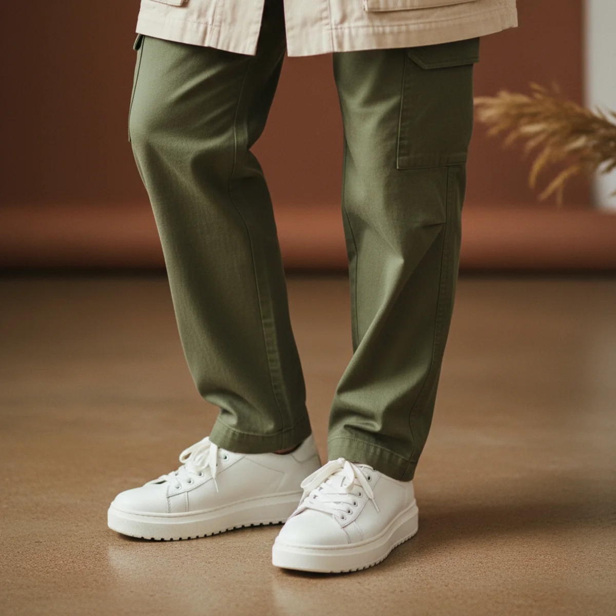 Waist-down editorial of white trainers with olive cargo trousers and the cropped hem of a utility-style jacket