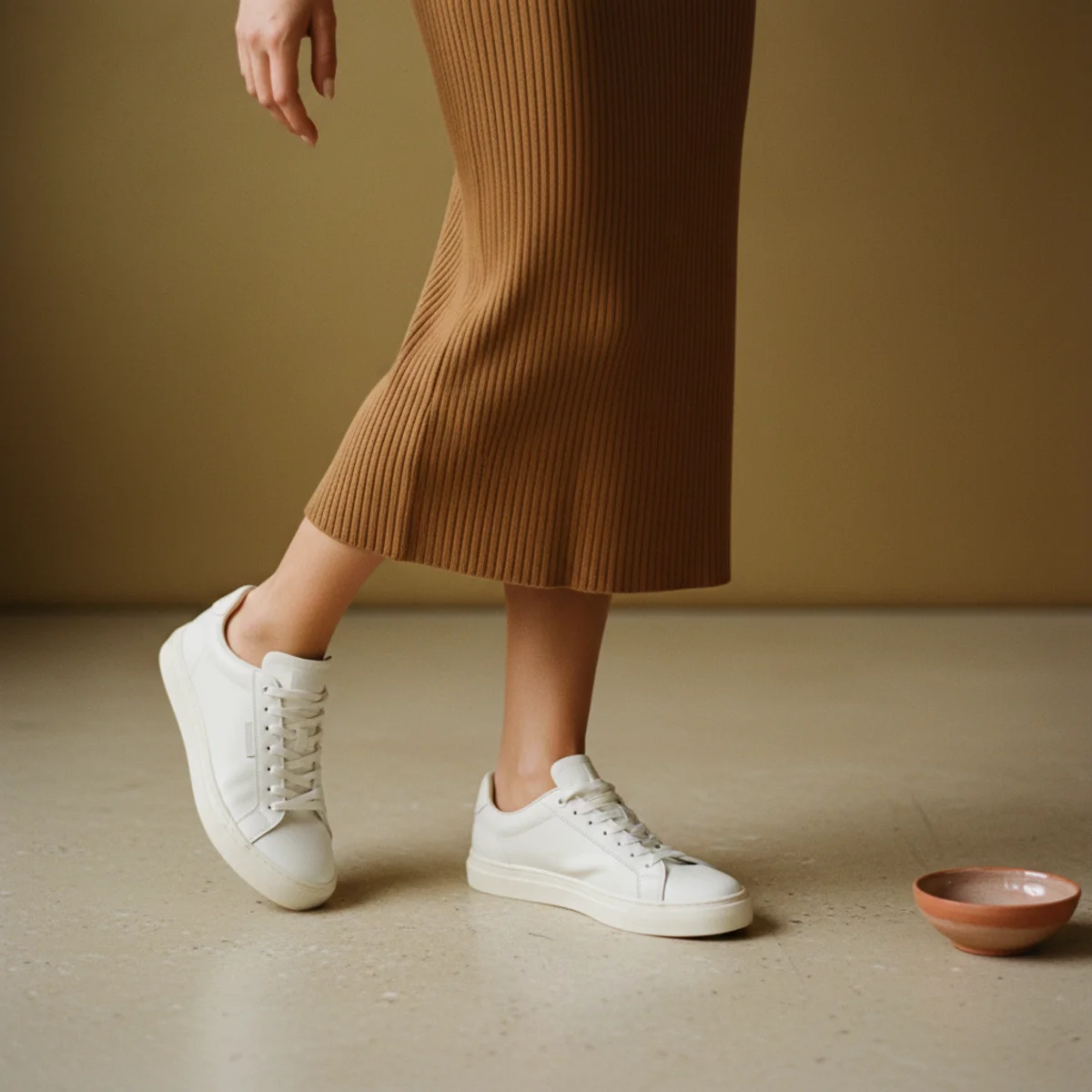 Waist-down shot of white trainers worn with a fitted ribbed knit midi dress in warm caramel brown