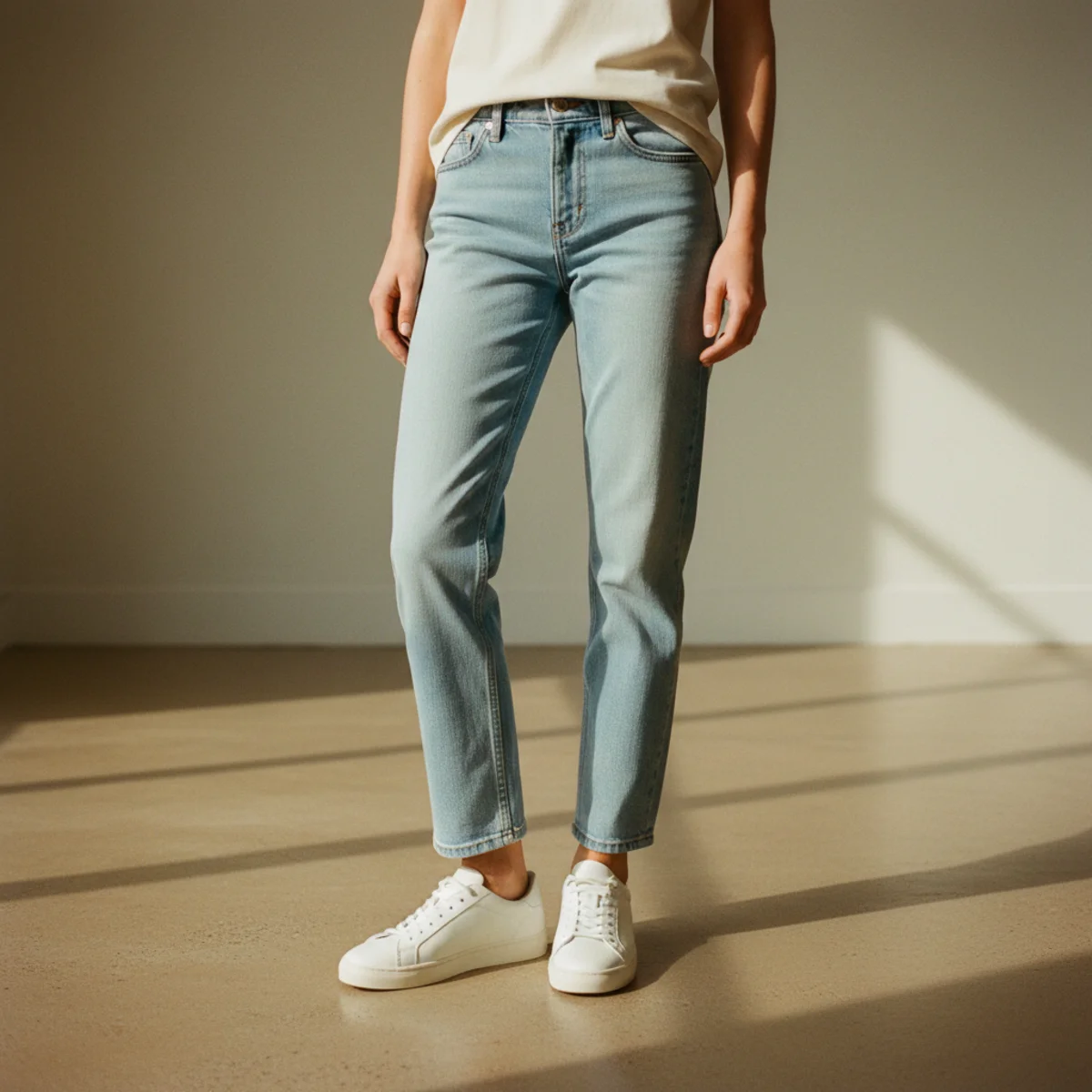 Waist-down editorial of white leather trainers worn with straight-leg light denim and a tucked cream tee