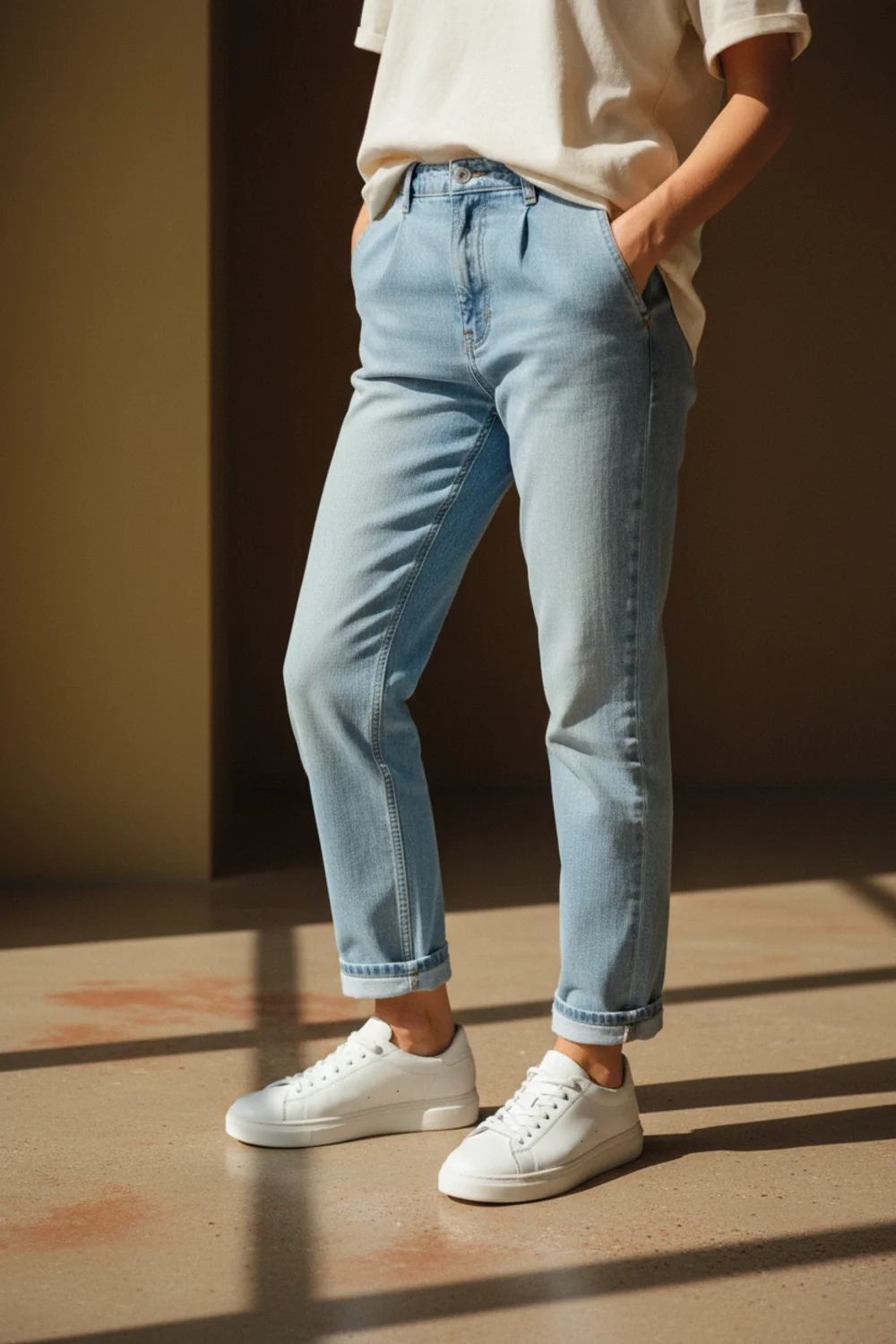 Clean white leather trainers styled with slim straight jeans and a tucked linen shirt, cropped waist-down