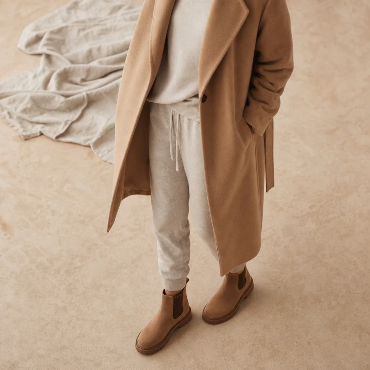 Faceless full-length shot of a camel wool coat over slim sweatpants with ankle boots