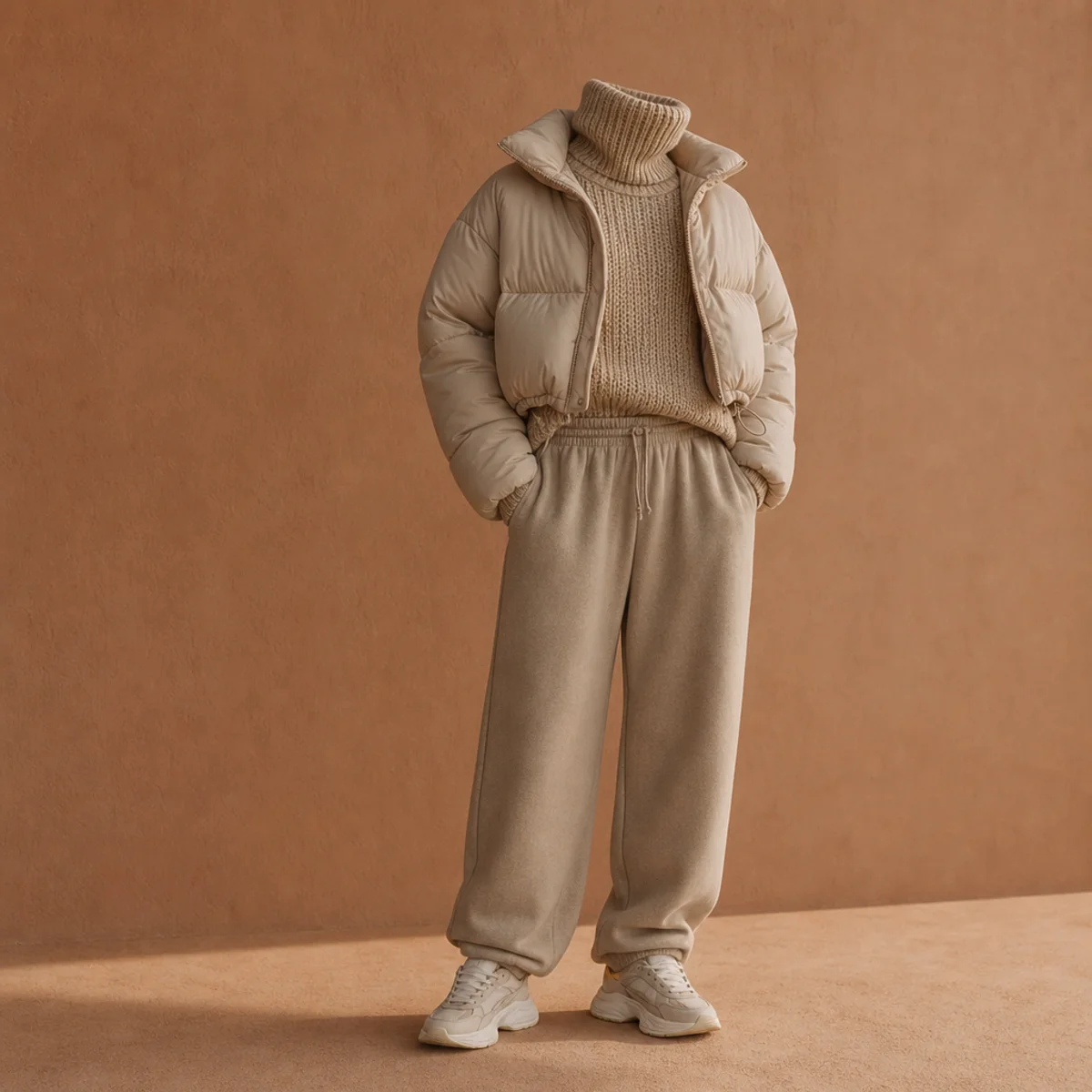 Faceless waist-up shot of a chunky knit layered under a cropped puffer jacket with sweatpants