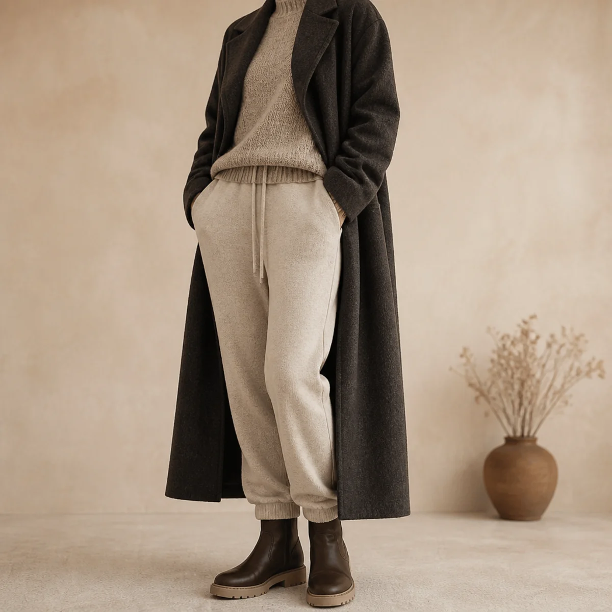 Faceless full-length shot of a long charcoal coat over a knit and sweatpants with boots