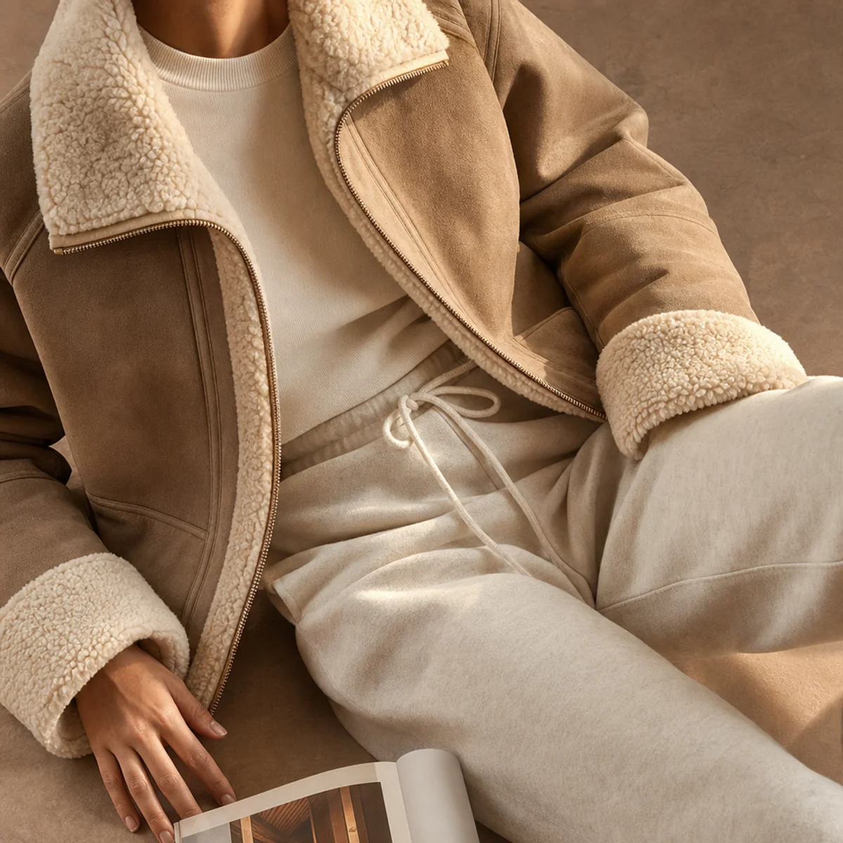 Faceless waist-up shot of a shearling-lined jacket over a top with sweatpants