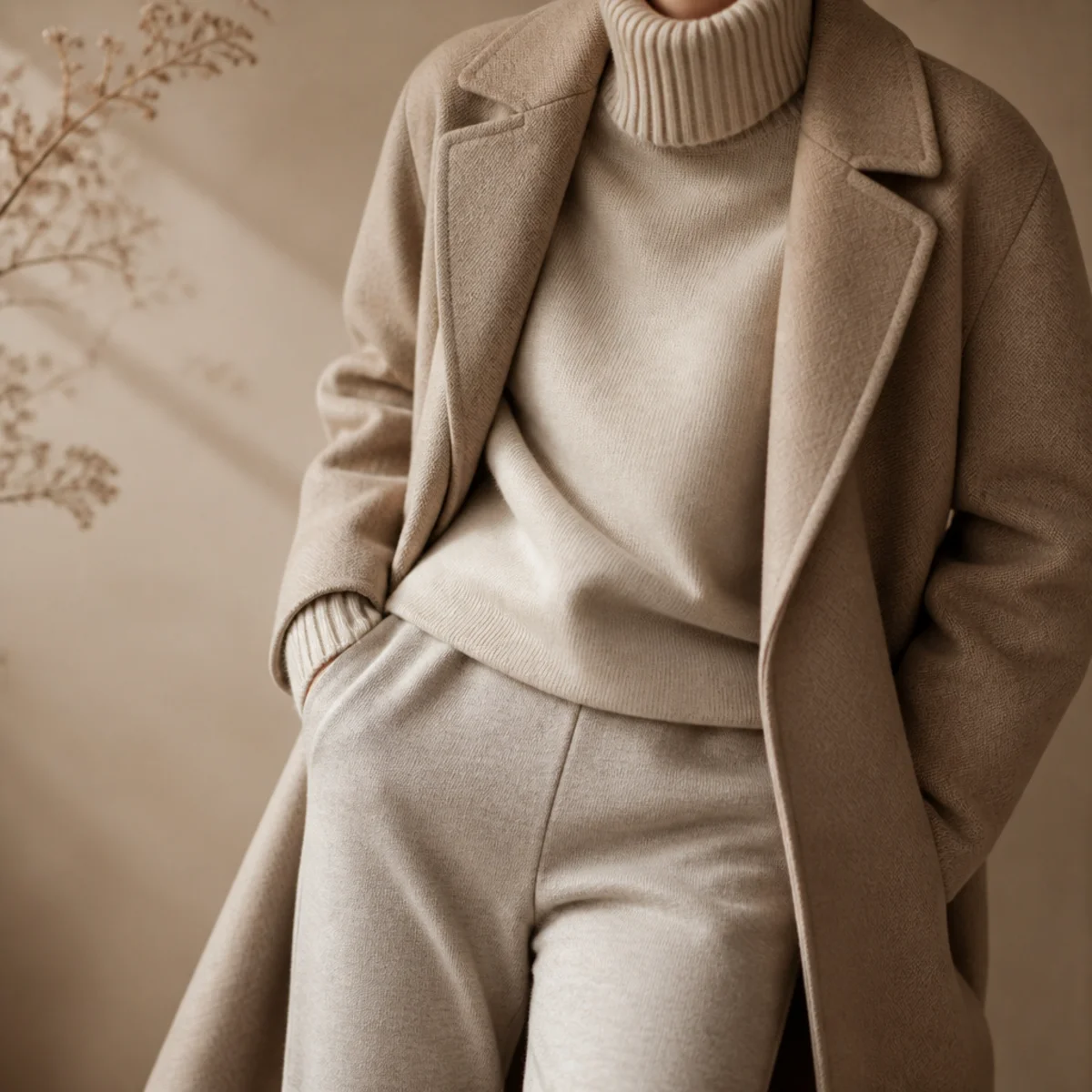 Faceless full-length shot of a turtleneck and coat with slim sweatpants tucked into tall boots
