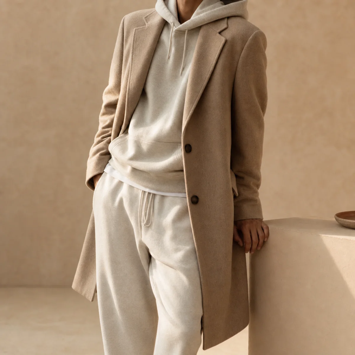 Faceless waist-up shot of a hoodie layered under a tailored overcoat with sweatpants