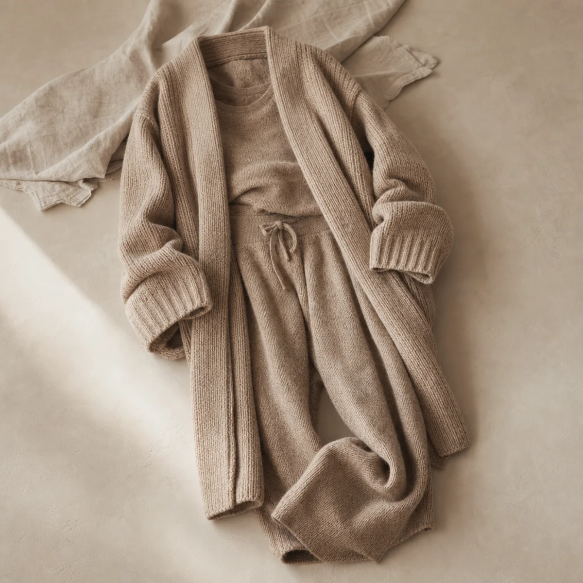 Faceless full-length shot of a knit lounge set layered under a long chunky cardigan