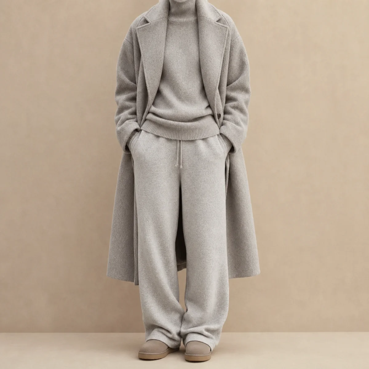 Faceless full-length shot of tonal grey winter layers with a coat, knit and sweatpants