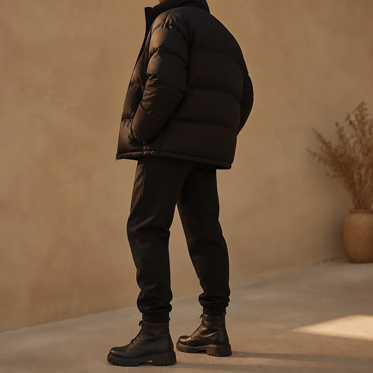 Faceless full-length shot of a black puffer with black sweatpants and black boots