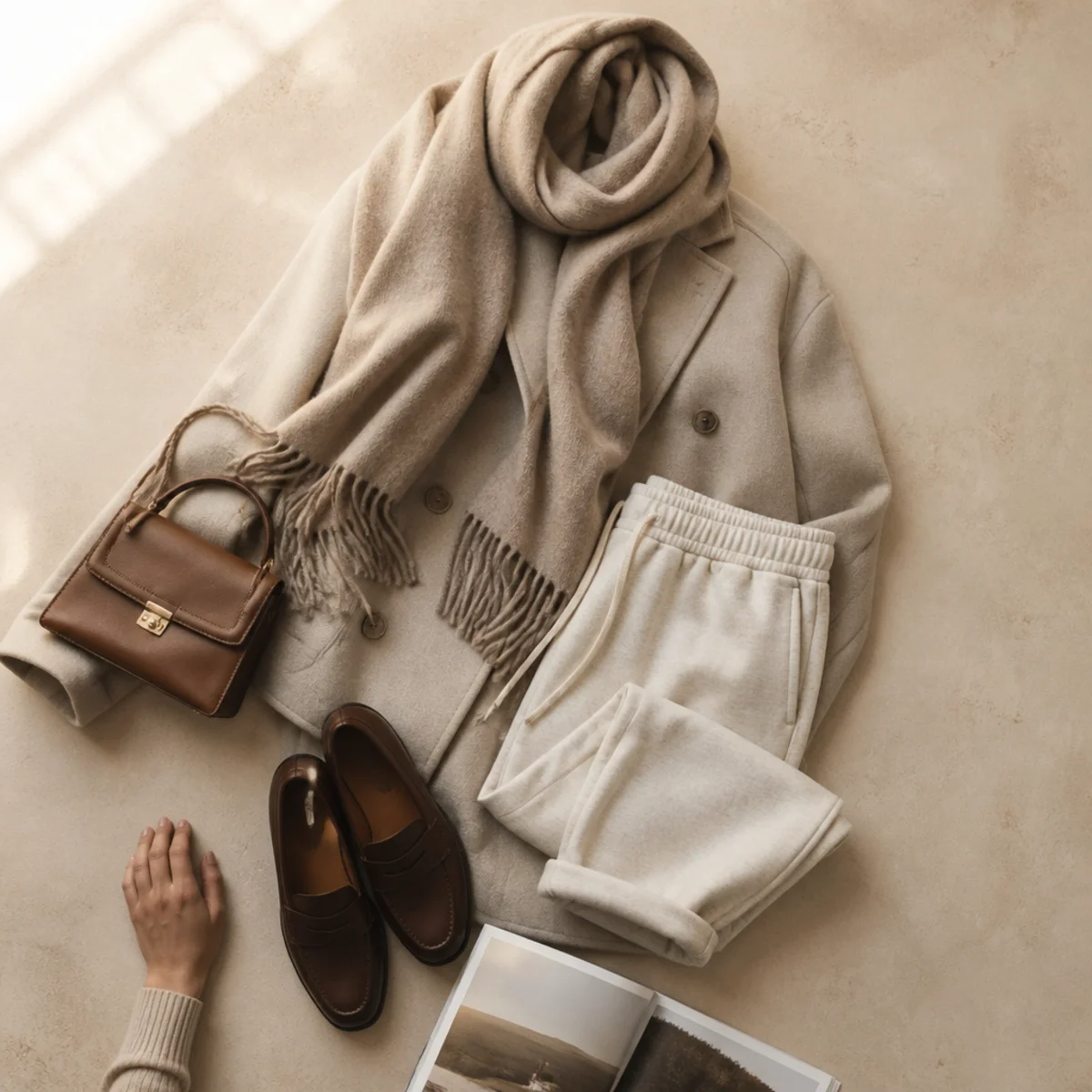Faceless waist-up shot of an oversized scarf and wool coat over sweatpants with loafers