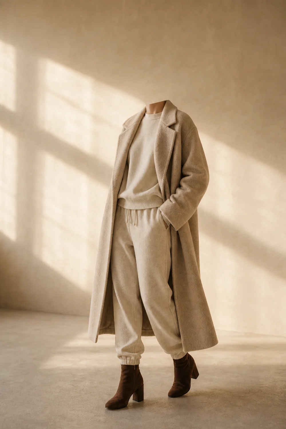 Faceless winter sweatpants outfit with a chunky knit, long coat and boots